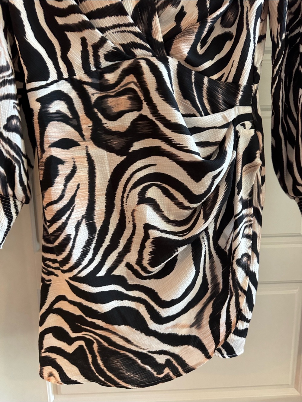 Anthropologie Beige, Black Cream Zebra Print Long Sleeve Wrap Pucker Waist Dress - Picture 4 of 8